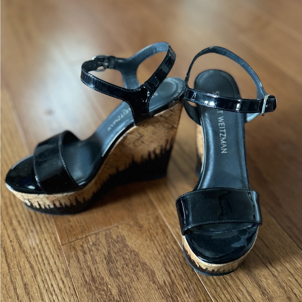 Stuart Weitzman Black Patent Cork Wedge Sandals with Ankle Strap